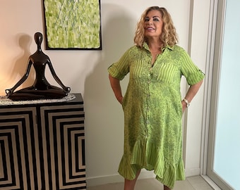 Midi Floral Patterned Linen Dress in Green