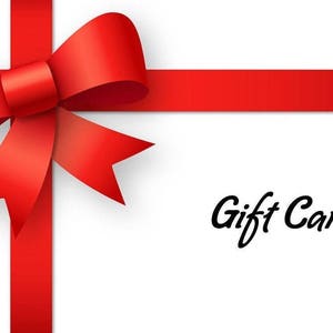 May include: A red ribbon tied in a bow with the text "Gift Card" on a white background.
