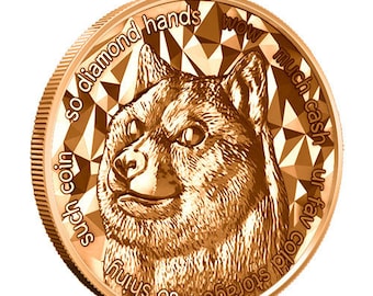 May include: A gold-colored coin with a Shiba Inu dog on it. The coin has the text "so diamond hands wow much cash ur fav coin storage so shiny" around the edge.
