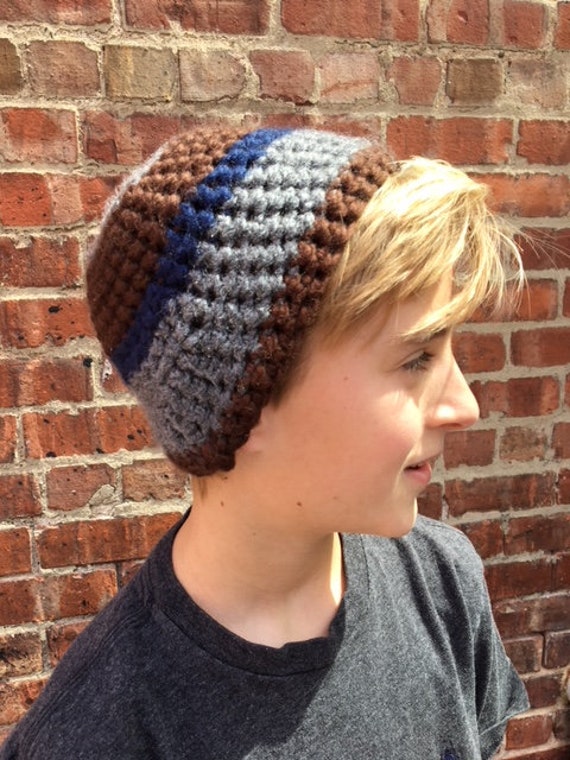 Boys Handmade Crocheted Hat, Striped, Brown, Gray, Blue 