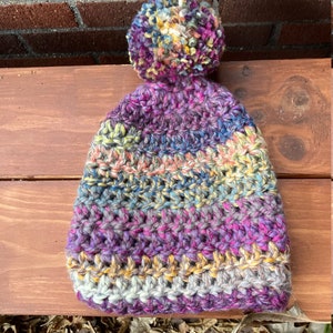Crocheted Hat, Beanie, Rainbow, Child, Girl, Pom Pom Hat, Thick, Cozy, Textured Yarn, Hip, Hippie, Boho, Bohemian