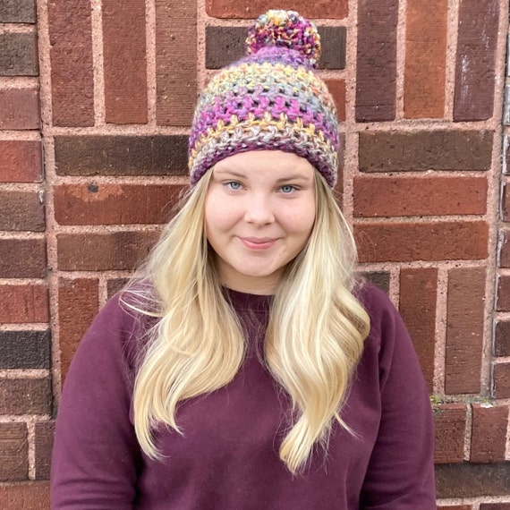 Handmade Rainbow Crocheted Pom Pom Beanie, Teen/adult Size  display picture 2