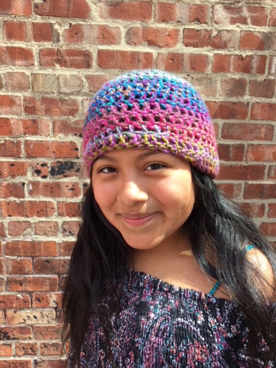 Handmade Crocheted Beanie Hat, Striped Rainbow Boho Teen  display picture 3