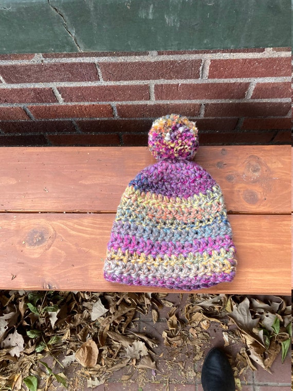 Handmade Rainbow Crocheted Pom Pom Beanie, Teen/adult Size  display picture 3