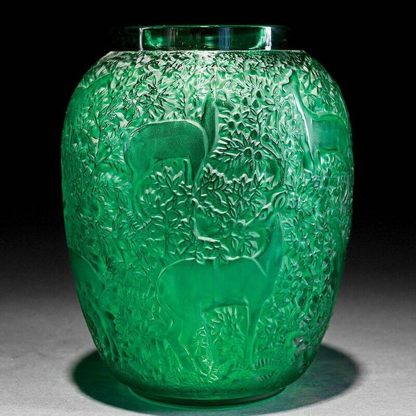 GORGEOUS! Vintage Lalique Biches Vase in Rare Emerald Green