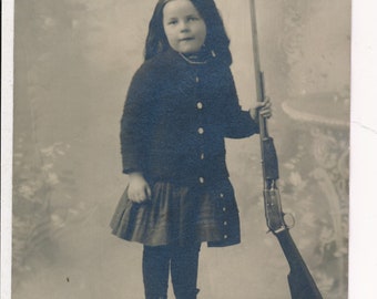 Young Cute Girl Holding Rifle RPPC