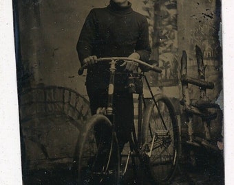 Occupational Bike Delivery Man Standing Next To Bicycle 1880's Tintype