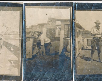 Three Vellum Photos Of A Teen Boy Playing With A Pistol