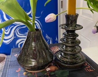 Handmade ceramic candlestick holder and vase SET, pottery decor, flower vase, household decoration