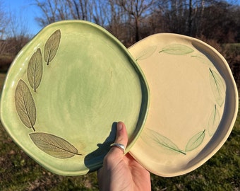 Handmade ceramic SET of 2 botanical dinner plates, funky pottery dinnerware