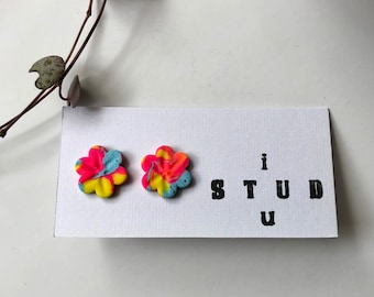 Rainbow flower earrings | Handmade polymer clay earrings | Stud earrings | Statement earrings