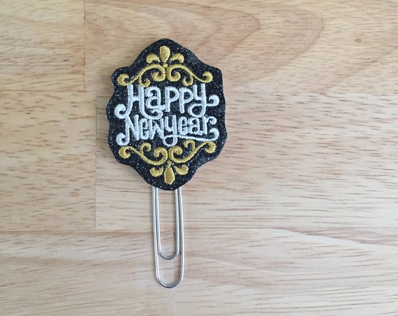 Glitter Black & Gold Happy New Year Clip/Planner Clip/Bookmark. New Year Planner Clip. 2019 Planner Clip. Glitter New Year Planner