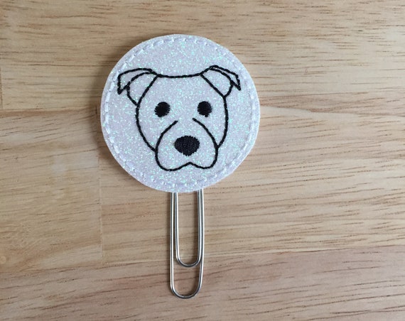 White Glitter Vinyl Dog Clip/Planner Clip/Bookmark. Pit Bull Planner Clip. Dog Planner Clip. Animal planner clip. Pitty Planner Clip
