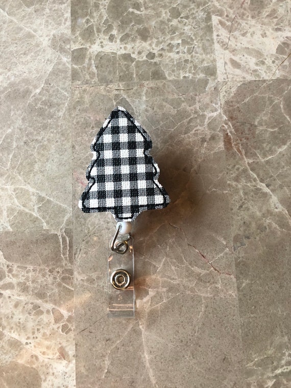 Black & White Buffalo Plaid Christmas Tree Badge Reel/Christmas Badge Reel/Nurse Badge Reel/Teacher Badge Reel