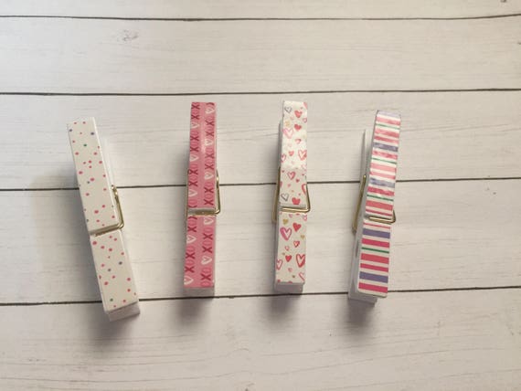 Pink & White Decorative Wood Clips. Set of 4. Love Clips. Patterned Clips