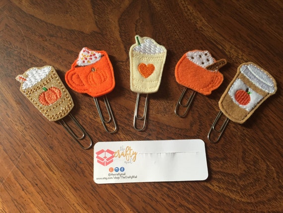Seasonal Coffee Paper Planner Clips set of 5. Pumpkin Spice planner clip. Coffee planner clip. PSL planner clip