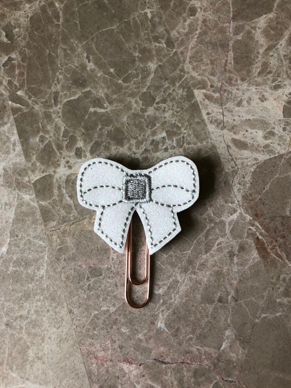 White & Grey Glitter Bow Clip/Planner Clip/Bookmark. Bow Planner Clip.
