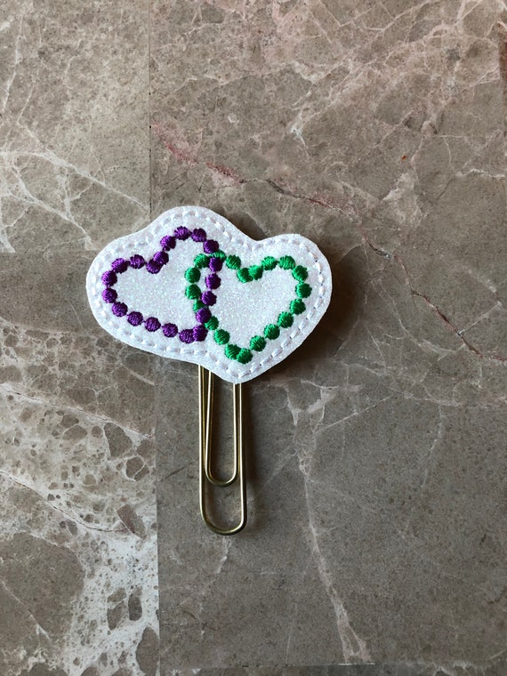 Glitter Mardi Gras Beaded Hearts Clip/Planner Clip/Bookmark. Heart Planner Clip. Mardi Gras Planner Clip. Mardi Gras Beads