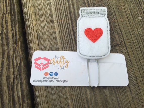 Mason Jar With Heart Clip/Planner Clip/Bookmark. Valentine's planner clips
