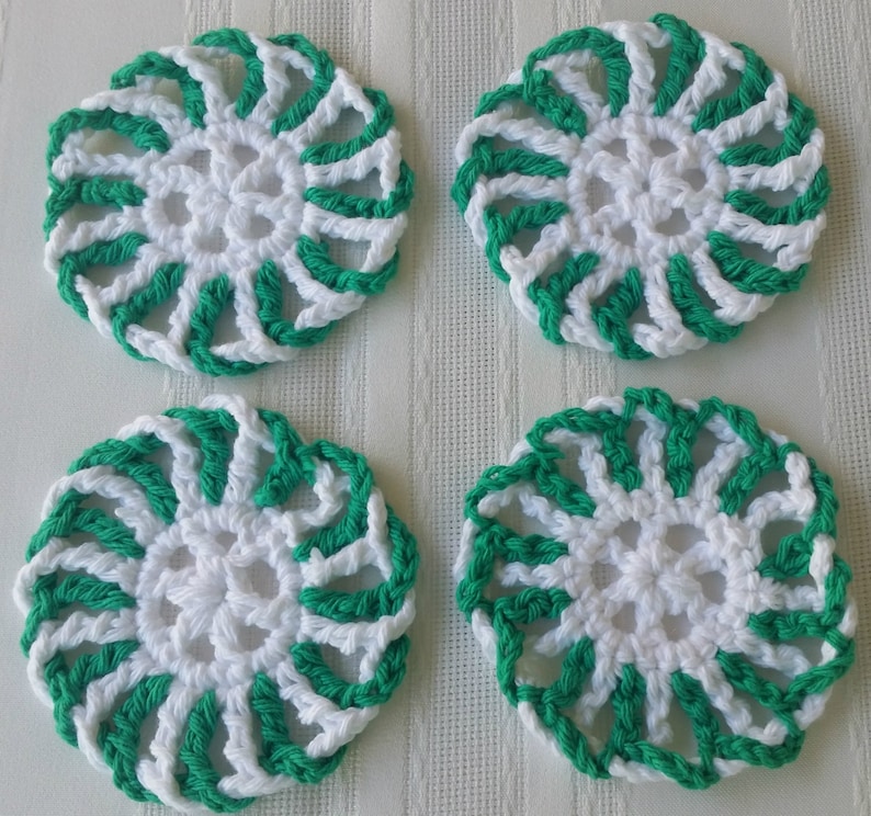 4 green coaster set,peppermint coasters,cotton coasters,crochet coaster,red cotton coasters,green crochet coasters, green housewares kitchen image 1