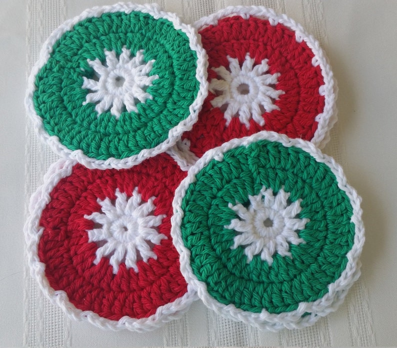 4 green coaster set,peppermint coasters,cotton coasters,crochet coaster,red cotton coasters,green crochet coasters, green housewares kitchen image 6