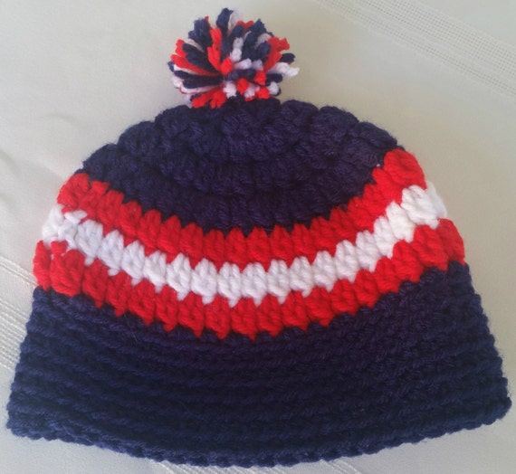 crochet baby hat, boys beanie hat, nautical shower gift,crochet baby beanie,infant hat,patriotic hat,nautical beanie,pompom hat,ne patriots,