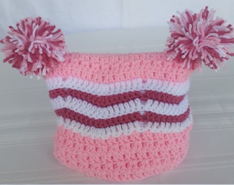 crochet pompom hat,pink and white pompom hat,winter hat,pink baby shower,beanie hat,crochet winter hat,girls crochet beanie,baby crochet hat