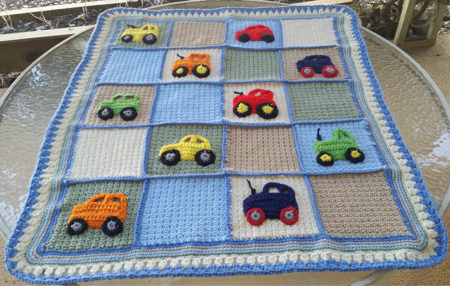 Crochet baby blanket car applique blanket tractor applique ...