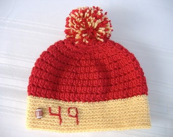 crochet sports hat, pompom hat, 49ers hat, football hat, crochet pompom hat, crochet beanie, beanie baby, football hat, infant pompom beanie