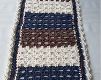 brown white and blue table runner, cotton table centerpiece, crochet table runner, crochet placemat set, table centerpiece, crochet placemat