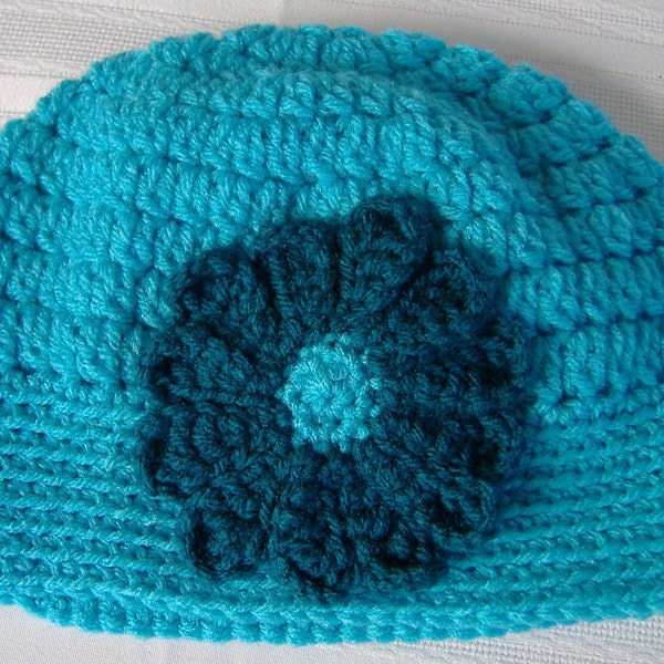 crochet beanie, beanie with flower,crochet childs hat,teal baby hat,flower applique hat,baby teal beanie,beanie with flower,crochet teal hat