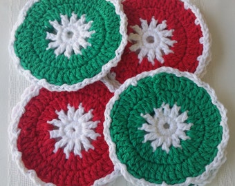 cotton round coasters, 4 red coaster set, cotton coasters, crochet coaster,red cotton coasters, red crochet coasters, red housewares kitchen