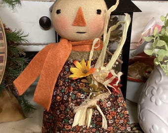 11" Primitive Decor-Pumpkin Doll- Fall Decor-Autumn-Pumpkins-Dolls