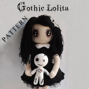 Pattern GOTHIC LOLITA with voodoo doll. PDF instructions for making this creepy cursed inspired crochet doll amigurumi. Halloween doll deco image 1