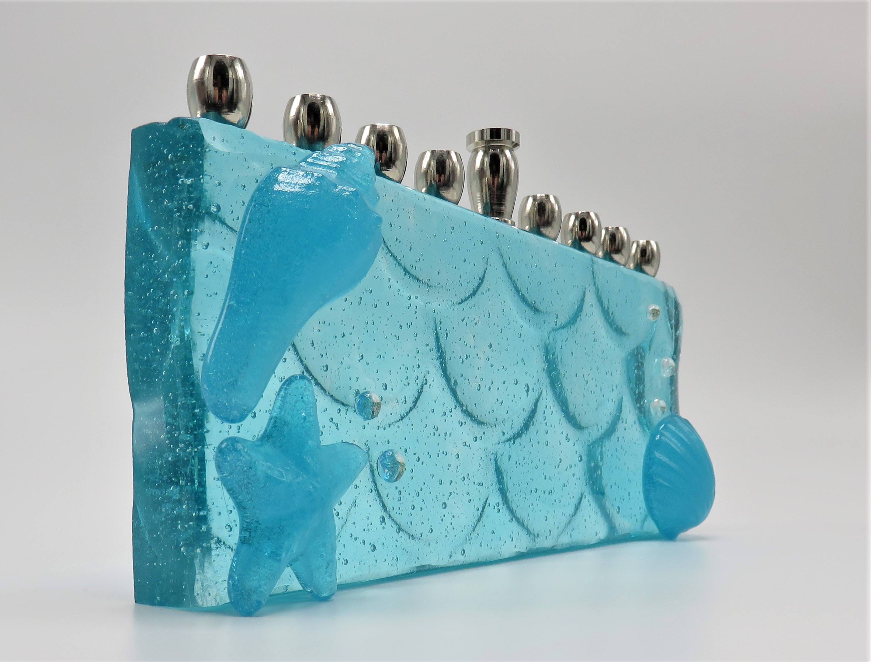 Glass Mermaid Menorah. Aqua Hanukkiah. Beach theme menorah. Etsy
