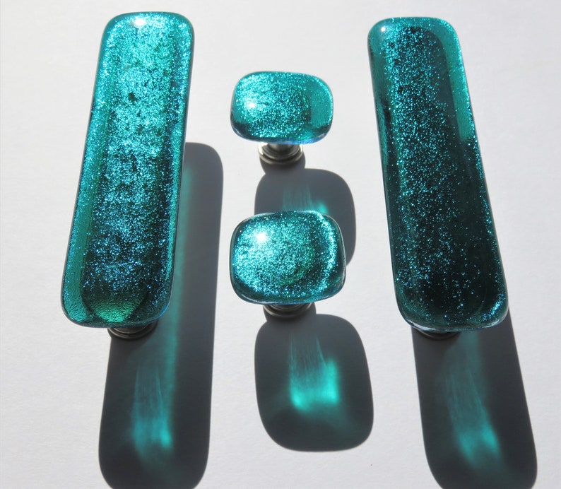 Peacock blue/teal knobs and pulls. Unique custom glass Etsy