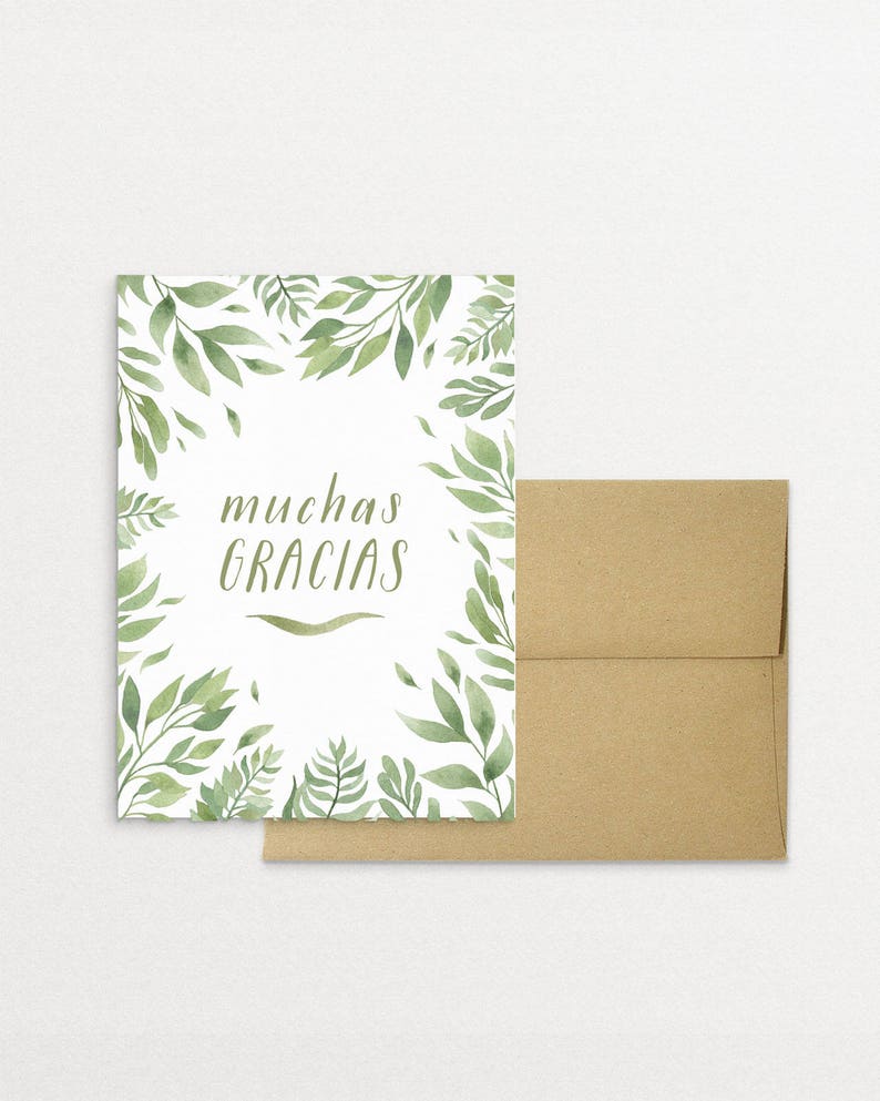 Printable Muchas Gracias Thank You Greeting Card in Spanish Watercolor Fern image 1