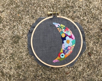 Moon in bloom embroidery hoop