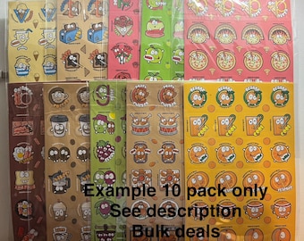 May include: A collection of ten sticker sheets featuring cartoon food characters with faces, including pizza, fruit, coffee, and breakfast items. The sheets are arranged in a grid, with black text overlaid stating Example 10 pack only See description Bulk deals.