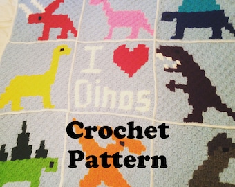 Dinosaur Blanket, Crochet Pattern, DIY Crochet, Dinosaur Pattern, PDF Pattern, How to Graphghan, Graphghan Pattern, Dinosaur Graphghan, Dino