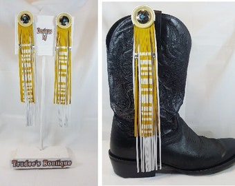 White & gold boot dangles, silver conchos, hand painted, clip on