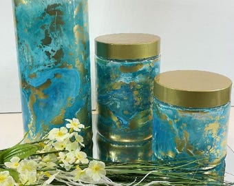 Beautiful set of glass canisters, resin pour, canisters with lids, large size, blues and gold, Storage Container, semi-transparent, set of 3