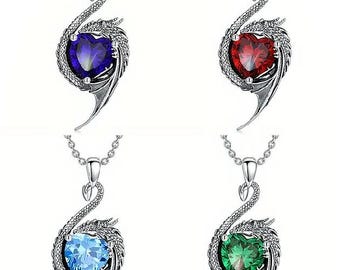 Collares de dragón, collar con colgante de corazón de dragón, cadena de plata, dragones, corazón de dragón, cosplay, piedra de nacimiento, dragón volador