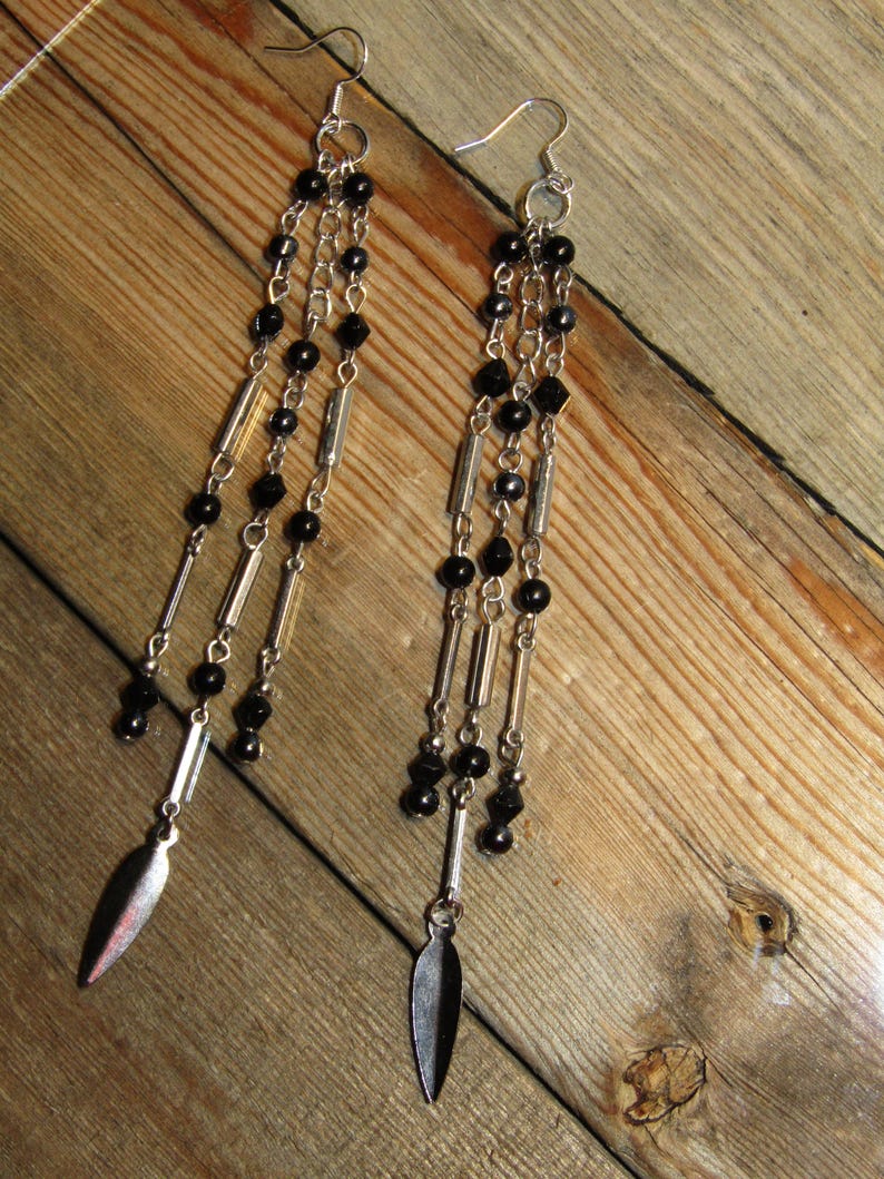 Silver and black bead tassel or silver feather long dangle earrings
