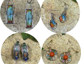 4 styles of earrings, Retro, Bohemian, Multi color, Tribal, Silver, Geometry, disc, silver swirls, orange, Faux Turquoise,Resin Mosaic stone