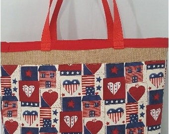 Hearts-red white and blue tote