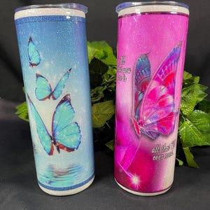 Butterfly tumbler, 20 oz Epoxy Stainless Steel tumbler, blue butterfly, pink butterflies, resin coat, glitter butterflies, one of a kind