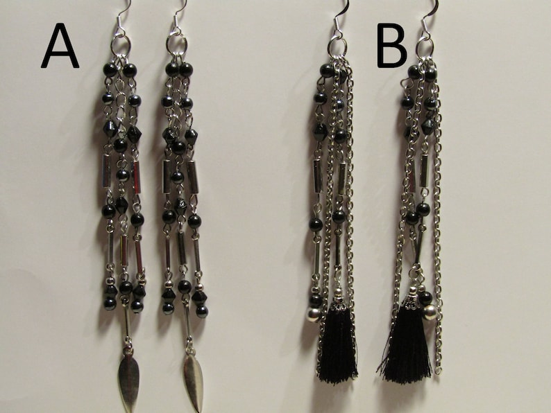 Silver and black bead tassel or silver feather long dangle earrings
