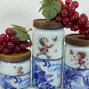 cute girl&#39;s canister set, kitchen accessories, glass canisters, resin art, set of 3, vintage canisters, old school,