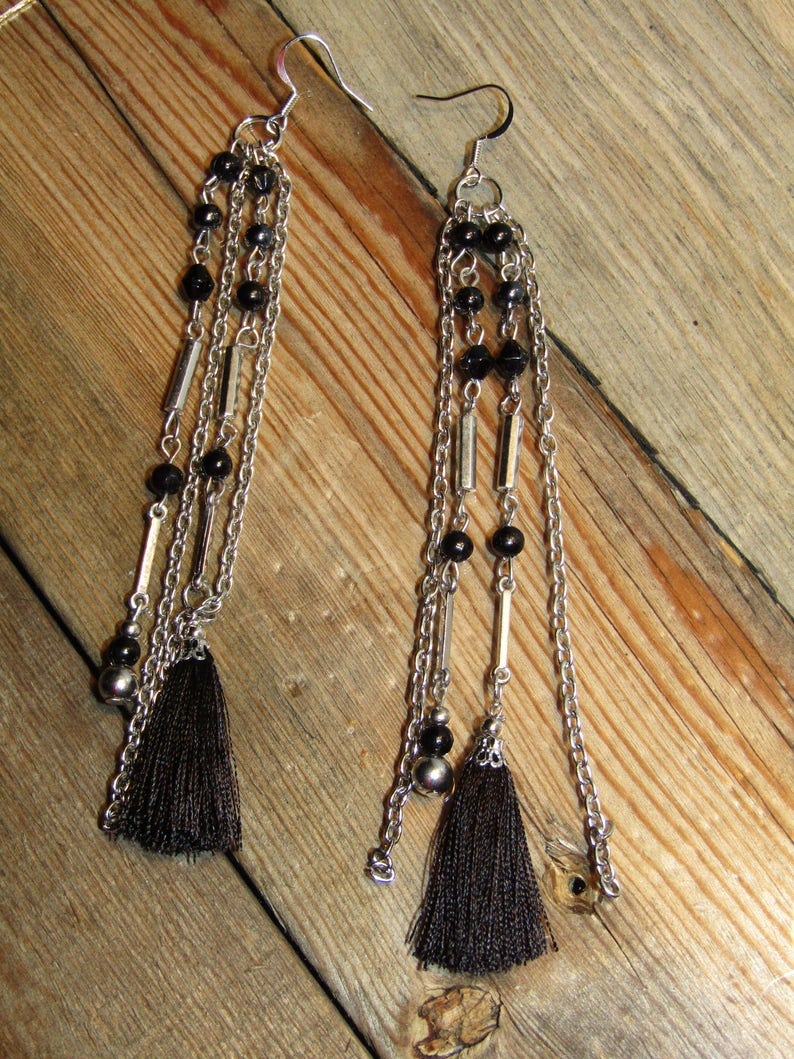 Silver and black bead tassel or silver feather long dangle earrings